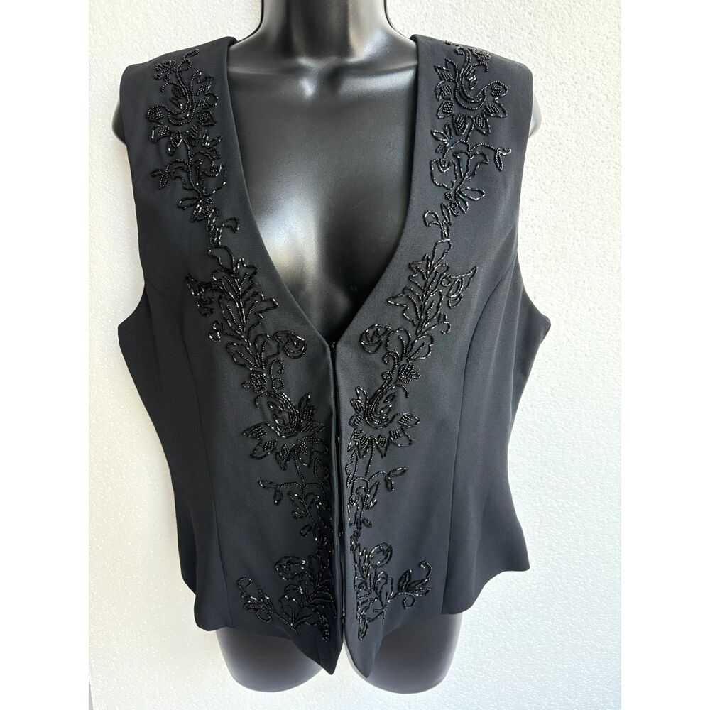 Alfred Dunner Floral Beaded Embroidered Vest Top Size 8 Dressy Formal Black